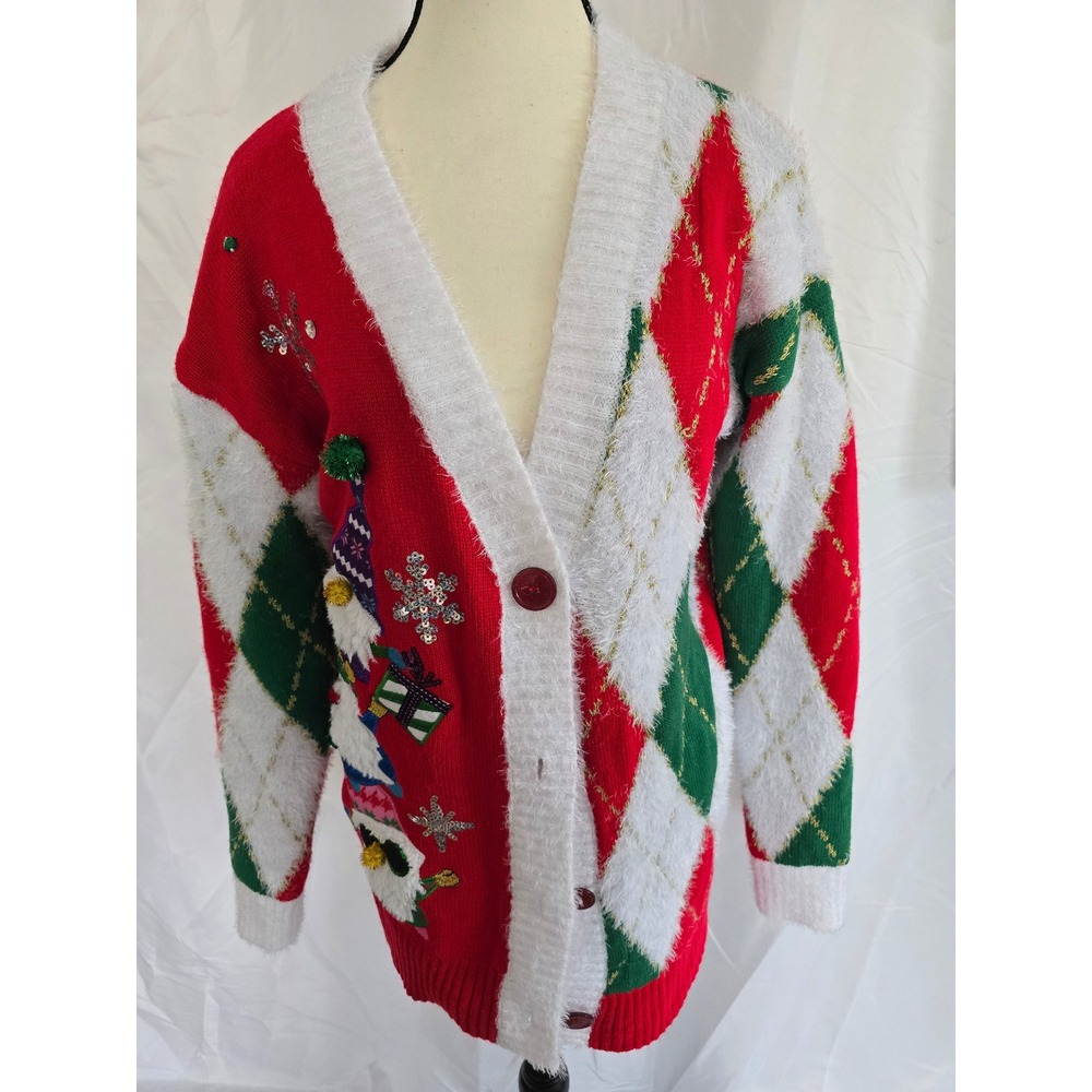 Holiday Time Red Argyle Gnome Christmas Sweater Cardigan Women's Size S